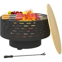 Outsunny Feuerschale Ø60 x 39cm, mit Grillrost, Schürhaken, Funkenschutz in Holzoptik, (3-in-1 Feuerstelle, 1-St., Feuerschalen aus Edelstahl), für Garten, Balkon Terrasse, Outdoor BBQ Camping, Kohlegrau