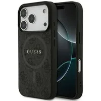 Guess Handyhülle MagSafe iPhone 17 Pro Kunstleder grau Logo Metall goldfarben 6,3 Zoll, Kantenschutz