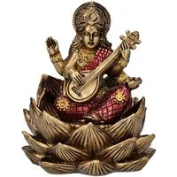 Figuren Shop GmbH Dekofigur Saraswati Figur sitzt in Lotus - Hindu-Gott Dekofigur Hinduismus Deko