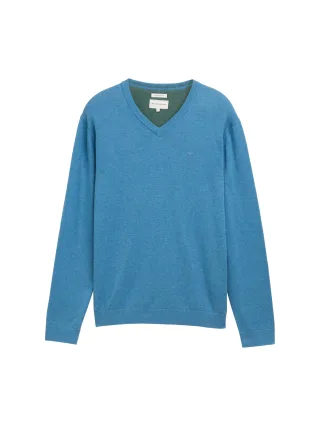Tom Tailor - Strickpullover mit V-Ausschnitt aus Baumwolle ocean blue melange - Gr. - XXXL