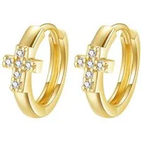 Dear Me Klappcreolen Gold 585 Damen Kreuz, Ø9mm Paar Ohrringe Gold, 14 Karat Gelbgold Creolen Kristall klein, Echtgold Schmuck