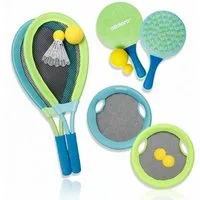 alldoro Beachballschläger 3in1 Beachball Set für die Familie, 12 Teile für Garten, Strand & Park, Outdoorspiel-Set - Beachtennis, Badminton, Soft-Tennis, Wurfscheibe