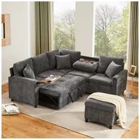 Merax Ecksofa 4-Sitzer Schlafsofa, mit Schlaffunktion, Ausziehsofa, Hocker, 1 Teile, Tisch mit Getränkehaltern, Chenille Soffa
