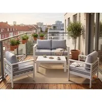 MeXo Gartenlounge-Set Aluminium Gartenmöbel Set Klein 4 Personen wetterfest, (Balkonlounge Outdoor, 12cm Deluxe Relax-Sitzkissen, 4-tlg., Belastbarkeit pro Sitzplatz 140kg), Balkonmöbel-Set für kleinen Balkon, Luxus Relax, Tischplatte aus WPC