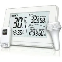 BEARWARE Schwimmthermometer Poolthermometer, Schwimmthermometer mit Wetterstation, Funk, digital, Set 3-tlg., 3-in-1 Set: Basisstation (DCF-Uhr/Wecker), Pool-Schwimmer, Außensensor, Wassertemperatur, Luftfeuchte, Innentemperatur, Außentemperatur
