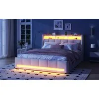 Furnishings Home Polsterbett Stauraumbett Doppelbett LED (Jugendbett, Vier extra große Schubladen unter dem Bett), Mit LED-Beleuchtung, USB + Steckdosen, Leinen, 140x200 cm