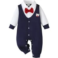 Lapastyle Strampler Herbstlicher Overall mit roter Fliege für Baby Junge in Gentleman stil (1-tlg) Langarm Dunkelblau Patchwork Bodysuit für Party, Hochzeit, Geschenk