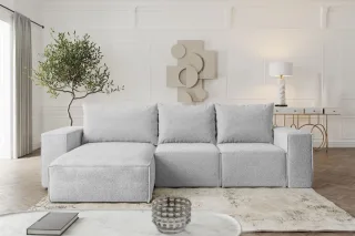 Ecksofa Sofa mit Schlaffunktion ESTELLE in Stoff Abriamo Hellgrau Ottomane Links