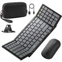 Inateck Faltbare Kabellos Klappbare Tastatur mit Ziffernblock mit 3 Kanälen Tastatur- und Maus-Set, mit Ständer und Zubehör Tasche