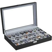 SONGMICS Uhrenbox abschließbarer Uhrenkasten, Uhrenkoffer, Organizer, 29,5 x 43 x 8 cm, mit 24 Fächern, Glasdeckel, PU-Bezug in Schwarz, Samtfutter in Grau