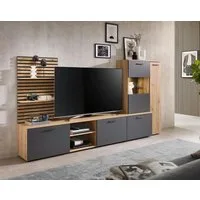 moebel-dich-auf Wohnwand ANCONA, (Artisan Eiche Nb. / anthrazit, Wandboard in Lamellenoptik + Lowboard + Vitrine), inkl. LED-Beleuchtung