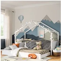 Bellabino Hausbett Bela 90x200 cm aus Massivholz Kiefer (weiß inkl. Gästebett 90x190 cm, optional mit Matratze), Kinderbett mit verstellbarem Rausfallschutz