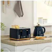 HOMCOM Toaster Wasserkocher Frühstück-Set: 1,7L, 4 Scheiben, 7 Bräunungsstufen, 4 Schlitze, für 4 Scheiben, 2200 W, Auftau-, Aufwärm- und Krümelschublade, Otter-Thermostat, Blau