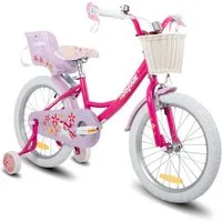 JOYSTAR Kinderfahrrad 12 14 16 18 Zoll Mädchenfahrrad, 3 - 9 Jahre, Geschenk für Prinzessin, 1 Gang, Puppenradsitz & Stützrädern& Korbstreamer, 18 Zoll mit Stützrädern