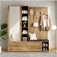 Merax Garderoben-Set Garderobenset, Schuhschrank mit Klappen, Sitzbank, (1-St., Kleiderschrank mit ausziehbarer Kleiderstange, 4 Haken, Spiegel), Garderobenständer