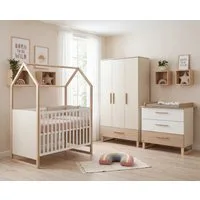 roba® Babyzimmer-Komplettset Noah - Kinderzimmer in modernem Design mit Füßen aus Massivholz, (3-teiliges Set, Babybett in Hausoptik, Wickelkommode & Kleiderschrank), Mit Fräsungen in Wallnuss - Front in sanftem Weiß - Mitwachsend