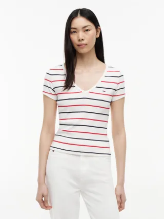 Tommy Jeans (PVH Group) - TJW SLIM ESSENTIAL RIB V SS Ecru/Multi Stripe - Gr. - XL
