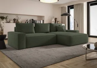 Ecksofa Schlafsofa Sofa WALKEN Stoff Quelle Moosgrün Ottomane Rechts