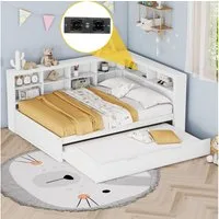 Merax Daybett 140x200 mit USB und Ausziehbett 90x190cm (1 tlg), Massivholz Schlafsofa Kinderbett Tagesbett mit Ablagefächern