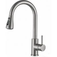 AICA Küchenarmatur Wasserhahn Küche aus Edelstahl, ausziehbar, 360° drehbar, robust Hochdruck, 3 Strahlarten, Einhand, hoher Bogenauslauf, ideal für Küche