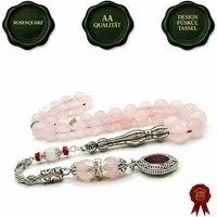 M-Punkt24 Kettenanhänger Tesbih Tespih Naturstein Küre Rund (Rosenquarz Pembekuvars, Misbah, Subha, Rosary, Gebetskette), Design Püskül, inkl. ETUI, *SONDERPREIS WEGEN PRODUKT NEUHEIT*