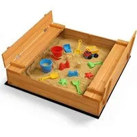 LALAHO Sandkasten mit Abdeckung Sandkasten Holz 110x110 cm , mit Sitzbänken, Braun Holzsandkasten Sandbox mit Deckel