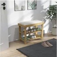 HOMCOM Schuhbank mit Stauraum, 2 offene Fächer (Schuhregal aus Bambus, 1-St., Schuhbank mit Sitzfläche), für Wohnzimmer, Flur, Cremeweiß+Naturholz