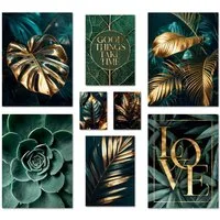 ARTFAVES Bilder-Collage Poster Set Gold Plant Harmony I mehrteilige Bilderwand I Wandbilder Pf, (Wandbilder modern, 8 St)