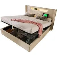 Flieks Polsterbett, LED Hydraulisches Doppelbett mit Stauraumkopfteil & Aufladen 140x200cm
