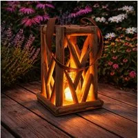 Online-Fuchs Windlicht Laterne aus Holz mit Kerzenglas und Trageriemen - Outdoor (28 cm groß, für kleine Kerzen oder Teelichter), Dekoration für Garten, Terrasse und Balkon