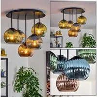hofstein Deckenleuchte Deckenlampe aus Metall/Riffelglas in Schwarz/Grün/Blau/Kupferfarben, Deckenleuchte im Retro/Vintage-Design (Schirme Ø 15 cm), 5 x E14