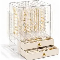 Luckice Make-Up Organizer Großer Schmuckkasten mit Glasfenster für Damen, Set, Transparentes Material, Praktisches aufgeteiltes Innenlayout