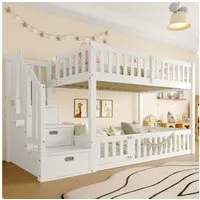 Merax Etagenbett (Hochbett Jugendbett Stockbett, 1-St., Etagenbett), Massivholzbett Kinderbett 90x200cm mit Treppe Stauraum Geländer & Tür