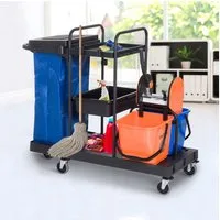 HOMCOM Putzeimer Reinigungswagen mit 3 Ebenen, 2x18L Eimer, Abfallsack, (Wischwagen, 1-tlg., Putzwagen), Schwarz+Blau+Orange 111 × 63,3 × 103 cm