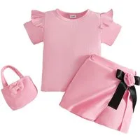 Lapastyle Top & Shorts Mädchen Baby Sommer Set, Alltagskleidung, Partyoutfits, Festtagssets (Set, 3-tlg) Oberteil mit Rüschen, Shorts Skirt mit Blumen-Schleifen, Handtasche