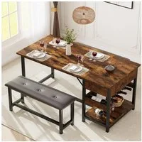 GarveeMore Essgruppe Esstisch mit 2 Bänken für 4 Personen mit Schubladen und Weinregal, Küchentisch 70.1 x 150.1 x 75.4 cm, 2 Bänke je 30.5 x 104.1 x 47.0 cm