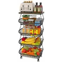 JEOBEST Obstschale Küchenwagen,Gemüseregal, 4-Stufiger Stapelbarer Obstkorb, Gemüsekorb aus Metall, Holzplatte, Stapelbarer