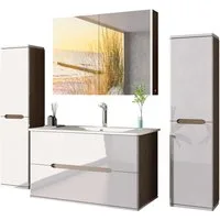 Homeline Badmöbel-Set Bad Möbelset Badezimmer Möbel Hochglanz 90 cm Eiche / Weiß Schwarz, (Spar-Set, 4-St., Fünfteiliges Set), Spiegelschrank mit Keramikbecken, Hochglanz