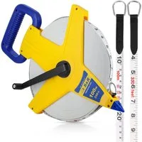 S&R Maßband Fiberglas 100m / 330 Ft-Fuß doppelt markiert, Rollband Breite 13mm, Maßband mit Metallring und Zentrierspitze in MM und Zoll