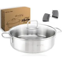 divory Schmorpfanne Edelstahlpfanne unbeschichtet, mit Deckel, Induktion (28 cm), Edelstahl