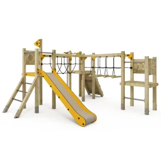 Profi Spielturm für öffentliche Spielplätze - Robuste Kletteranlage mit Rutsche, Wackelbrücke & Feuerwehrstange 9x9 cm Pfosten - Wickey