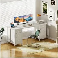 ODK Schreibtisch mit 6 Stoffschubladen, Umbaubarer Computertisch mit Regal (1-St), 160x52 cm Weiß, Viel Stauraum, Ideal für Büro & Gaming