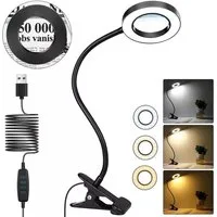 PRIISF Klemmleuchte LED Lupenleuchte Klemmbar Arbeitsplatzlampe Lupe mit Licht und Ständer, Touch-Dimmbar, 5X Dioptrien Lupenleuchte Buchlampe Lupenlampe Ringlicht 360° Flexibel, Schwanenhals Lampe 3 Einstellbare Farben und 10 Helligkeitsstufen, für 