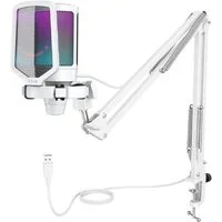 FIFINE Mikrofon USB Mikrofon Streaming mit Arm Kondensator Mikrofon Set PC Gaming RGB, Stummschalttaste, Popfilter und Stoßdämpferhalterung, Weiß