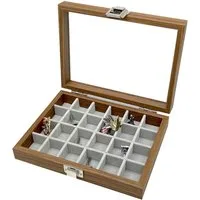 mixed24 Schmuckkasten 24 Fächer Klein für Schmuck Ringe Ohrringe Halsketten Armbänder Holz, Deckel aus Echtglas Schmuckkoffer