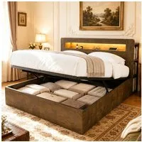 STILVORA Bettgestell 180×200 mit Matratze in Vintage-Holz Jugendbett Plattformbett (LED-Beleuchtung, Steckdosen, Stauraum, Holz, Vintage-Holzoptik, Plattformbett, bequem, mit Kopfteilablage), für Schlafzimmer, Jugendzimmer, Gästezimmer, kleine Räume