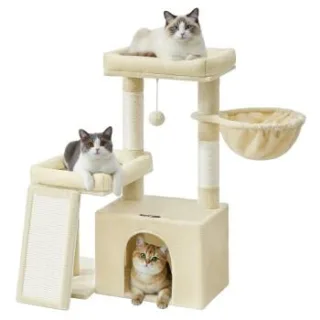 FEANDREA Katzenkratzbaum mit Höhle, Rampe und Körbchen, 2 große Plattformen beige