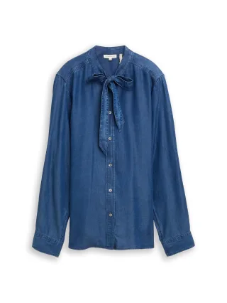 Tom Tailor - Bluse mit Schleifen-Detail blue denim dark wash - Gr. - 40