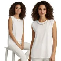 Sarcia.eu Blusentop Cremefarbene, ELEGANTE ärmellose Damenbluse mit ZIERKETTE