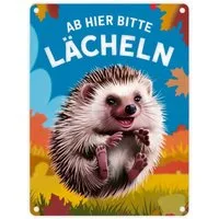 speecheese Metallschild Fröhlicher Igel - Ab hier lächeln Metallschild in 15x20 cm